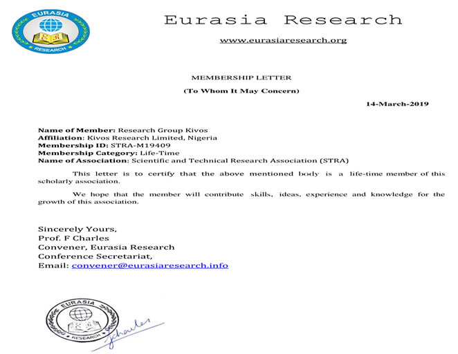 Eurasia Research the founders of Scientific and Technical Research Association (STRA) confers Lifetime Membership to Kivos Research Limited