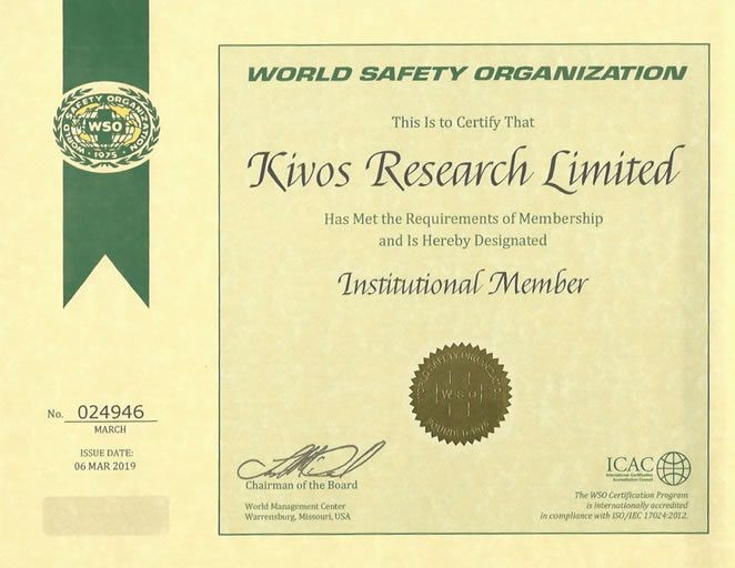 The World Safety Organization (WSO) confers Institutional Membership to Kivos Research Limited